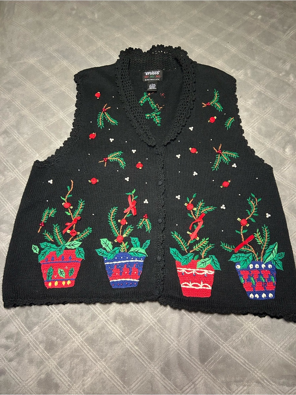 Designers Originals Black Embroidered Holiday Knit Vest with Red & Green Accents